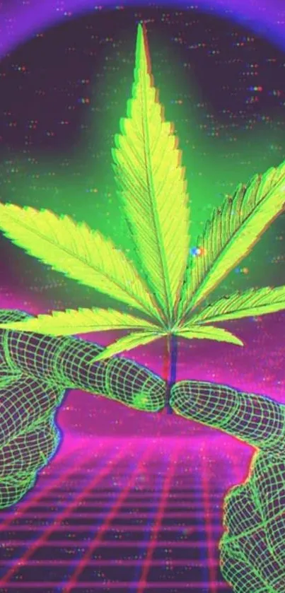 Neon cannabis leaf with digital art on cosmic background