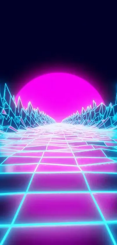 Neon pink and blue retro futuristic wallpaper with gridlines and sunset.