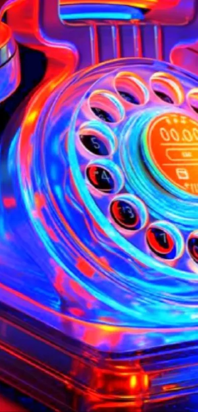Neon rotary phone with vibrant blue and red colors in artistic style.