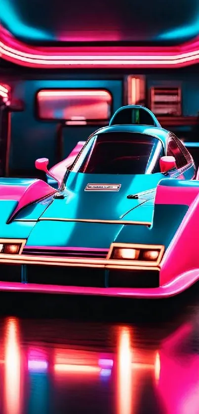 Futuristic neon racing car in vibrant colors.