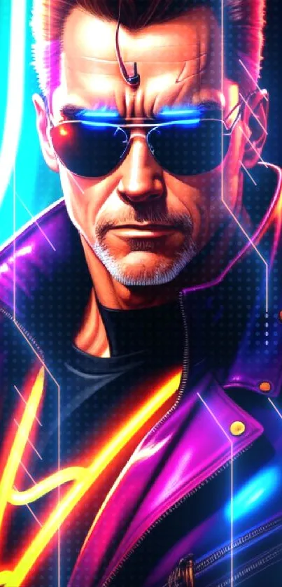 Vibrant neon retro sci-fi portrait with futuristic design.