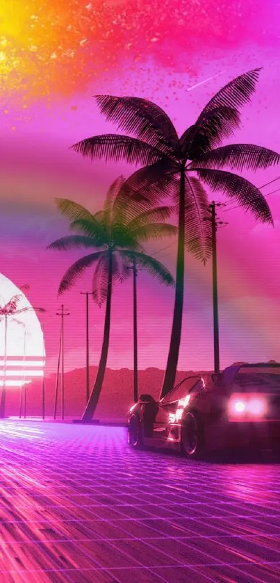 Neon retro sunset wallpaper with palm trees.