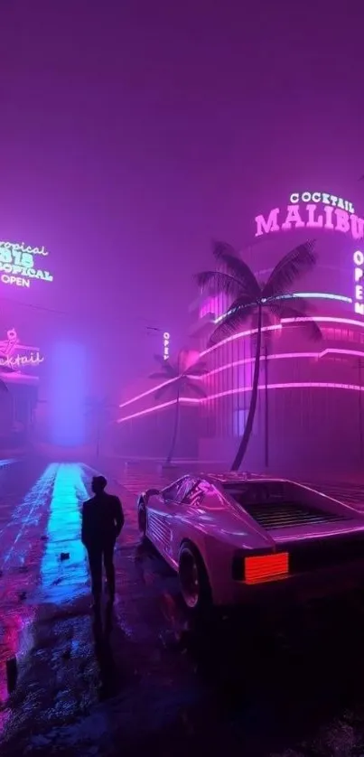 Neon-lit urban night scene with a classic car and palm trees.