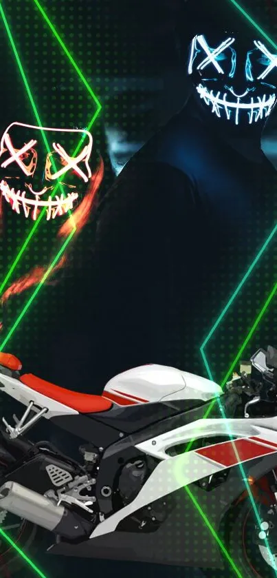 Neon mask figures with motorbike and green lights wallpaper.