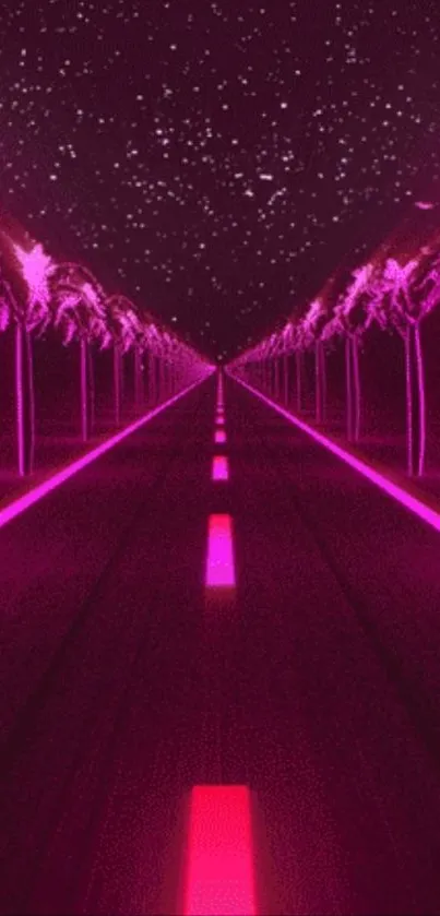 Neon road with palm trees under a starry sky.