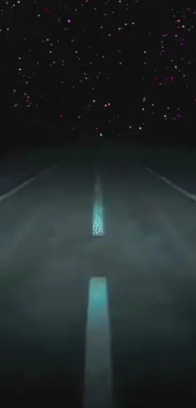 Dark road lit with neon lights stretching under a starry sky.