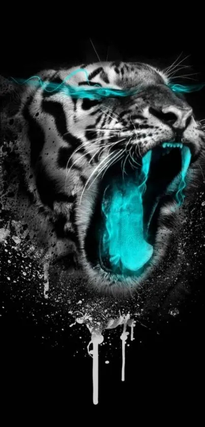 Neon blue roaring tiger in artistic splashes on a black background.