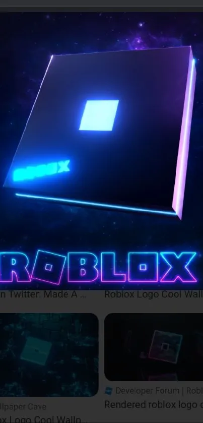 Neon Roblox logo with electric blue glow on a dark background.