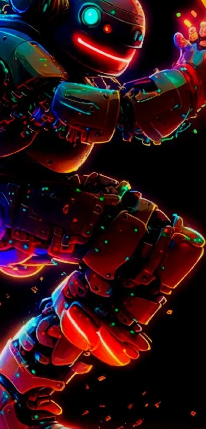 A colorful neon robot against a black background, perfect for mobile wallpaper.