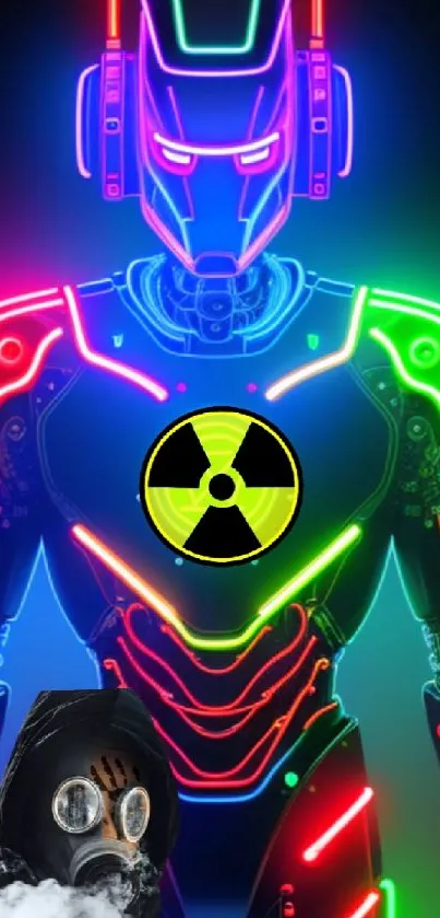 Neon robot with radiation symbol in vibrant colors.