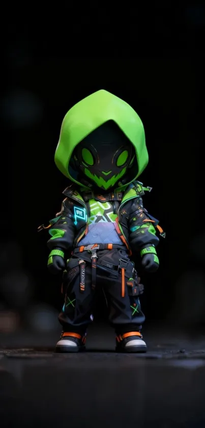 Stylized neon robotic character with a hood in a dark background.
