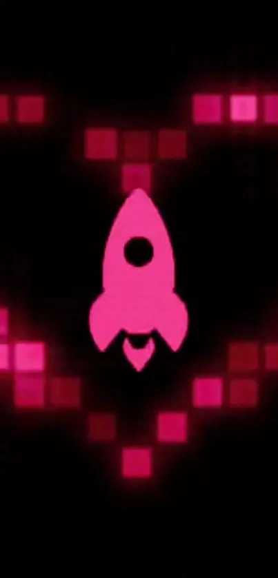 Neon pink rocket in pixel heart design wallpaper.