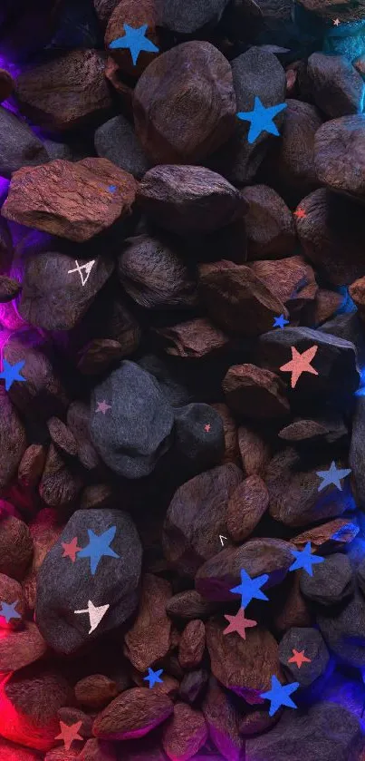 Vibrant neon-outlined rocks on mobile wallpaper.