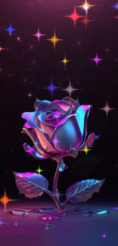 Neon rose with glowing colors in abstract style on a dark background.