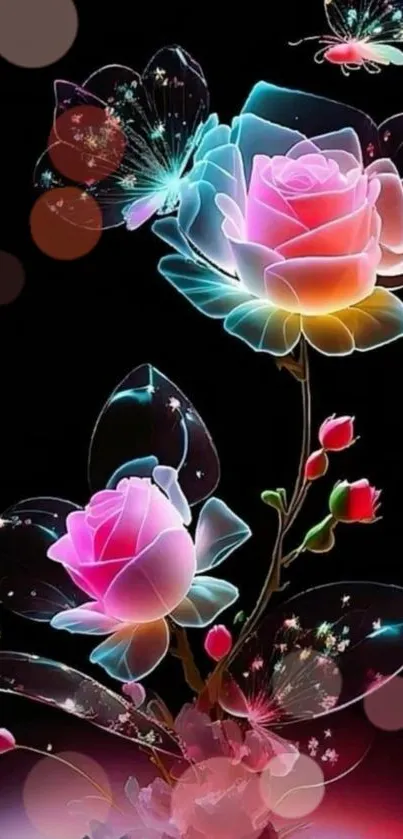 Neon rose and butterfly digital art wallpaper with vibrant colors.
