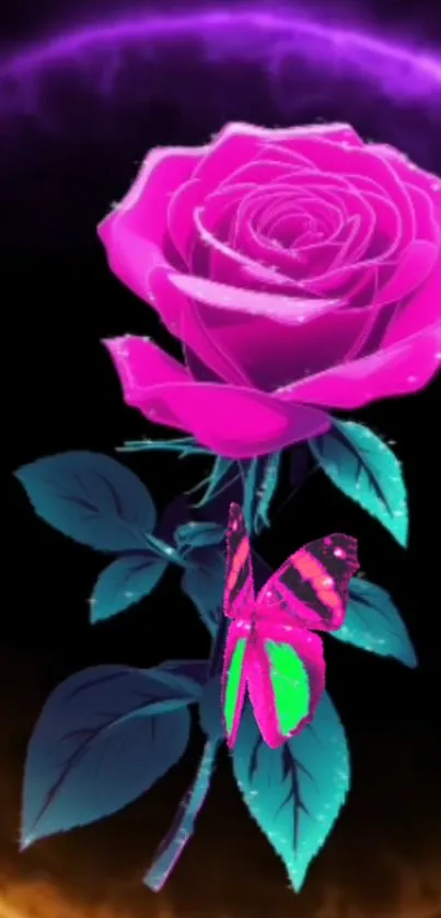 Neon rose and butterfly with vibrant glow on dark background.