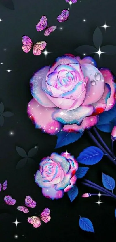 Neon roses with butterflies on dark background wallpaper.