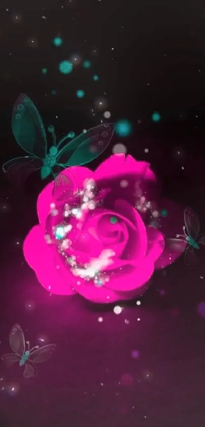 Neon pink rose with butterflies on a dark background wallpaper.