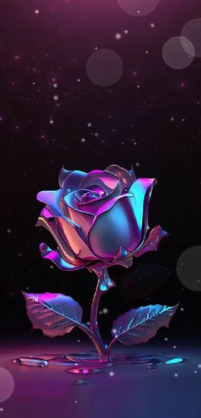 Vibrant neon rose with galaxy backdrop, perfect for phone wallpaper.