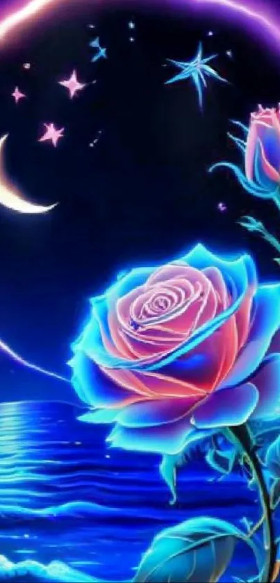 Neon rose under a night sky with stars and moon