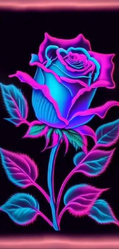 Neon rose with glowing blue and pink hues on a dark background.