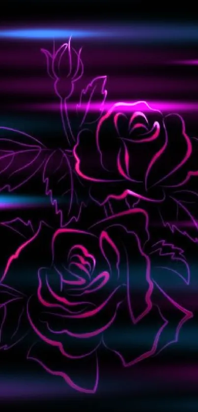 Neon pink roses outlined on a black background wallpaper.