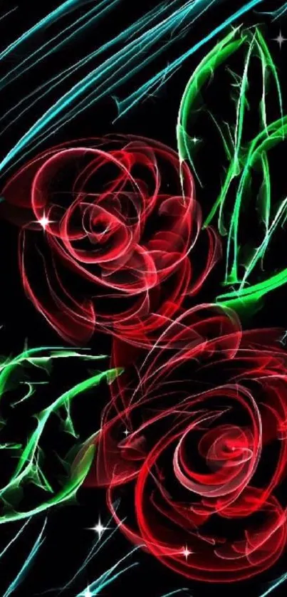 Neon art wallpaper with red roses and green leaves on a dark background.