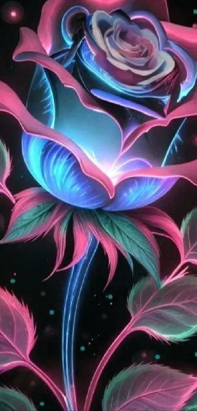 Neon rose with glowing pink and blue petals against a dark background.