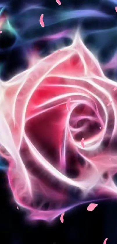 Neon rose digital art with pink and blue hues.