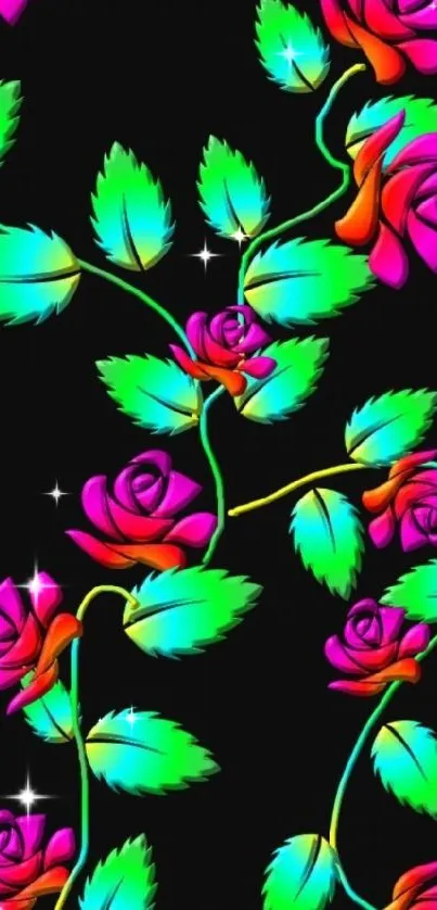 Neon roses with colorful leaves on a dark background.