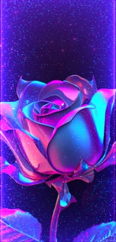 Vivid neon rose against a starry cosmic backdrop.