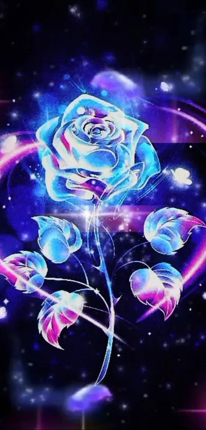 Neon blue rose with galaxy background.