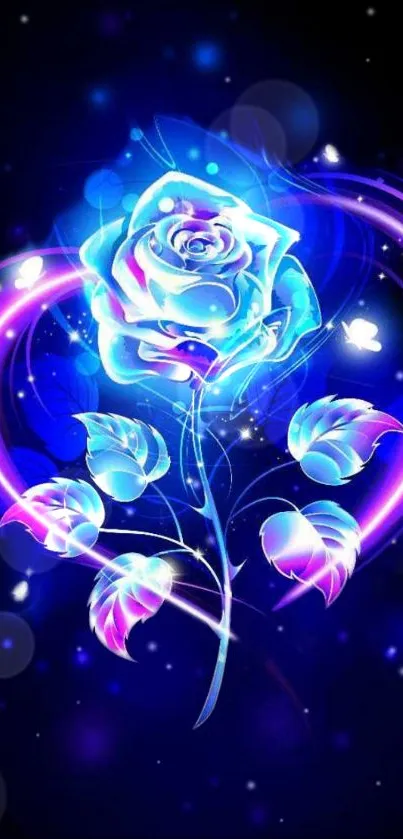 Vibrant neon rose with blue and pink glow on a dark background.