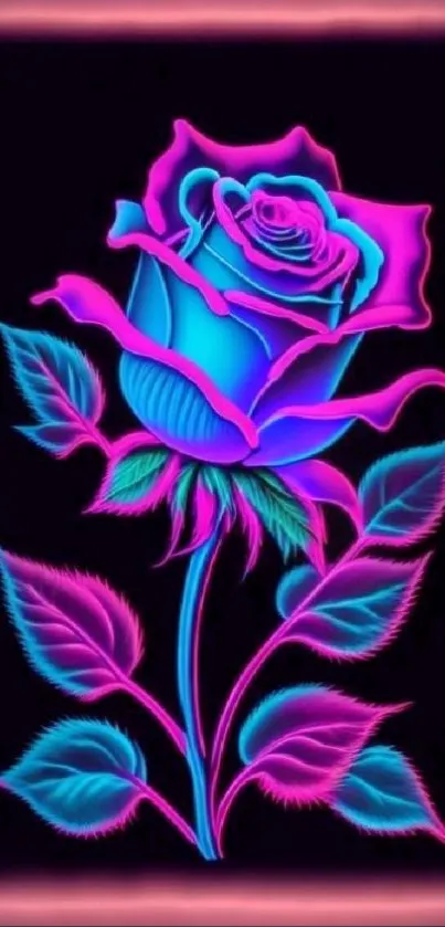 Neon blue and pink rose with glowing leaves in dark background.