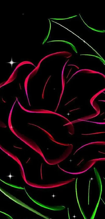 Neon glowing rose wallpaper with vibrant black, red, and green hues.