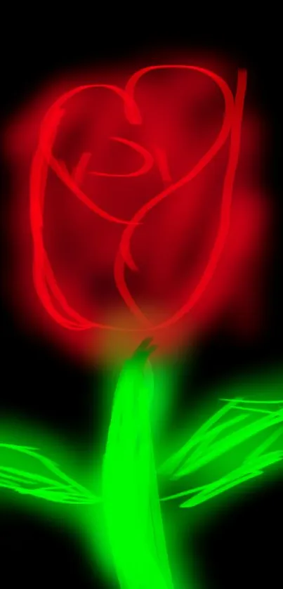 Neon red rose with green leaves on black background.