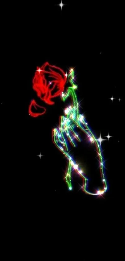 Neon art of a hand holding a glowing rose on a dark background.