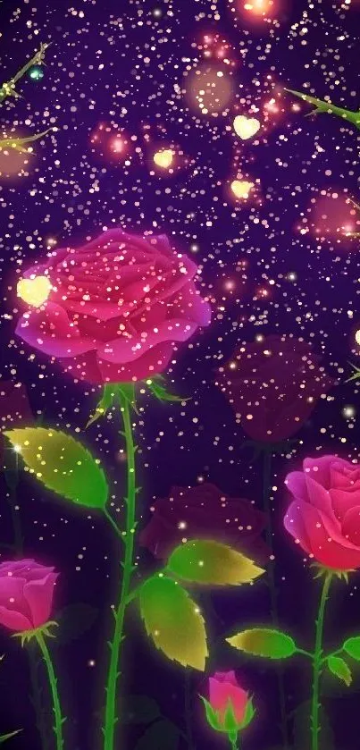 Neon roses and hearts on a dark background for mobile wallpaper.