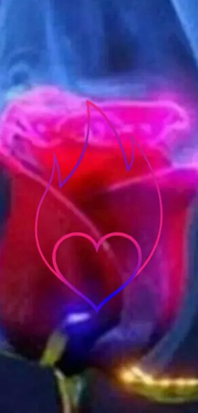 A vibrant neon rose with heart design glowing pink and blue on dark background.