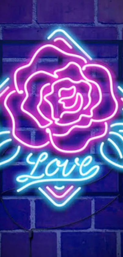 Neon rose with love sign against a brick wall.