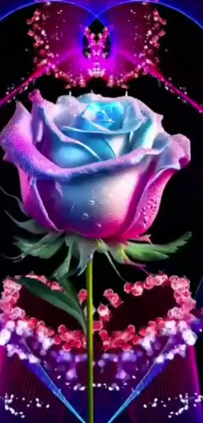 Vibrant neon rose with glowing effects on dark background.