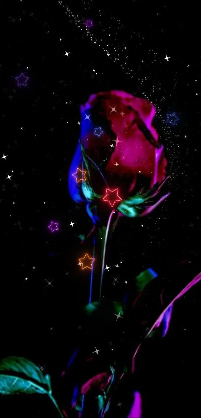 Neon rose on a black background with vibrant colors.
