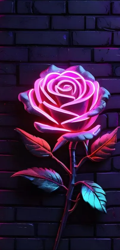 Neon rose glowing against a dark brick wall.