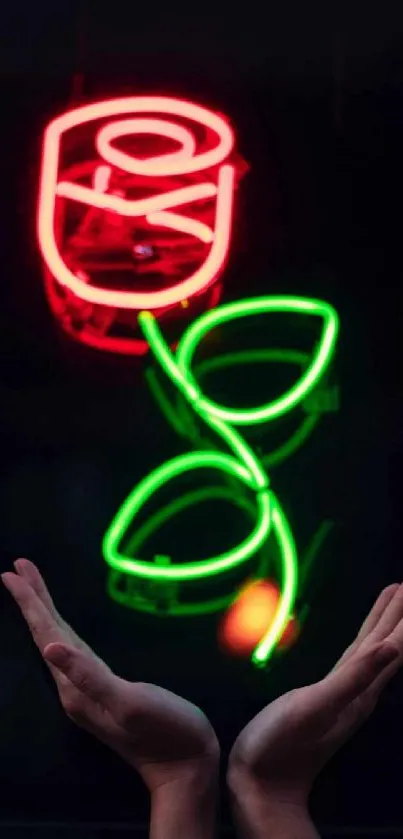 Neon rose with hands underneath on dark background.