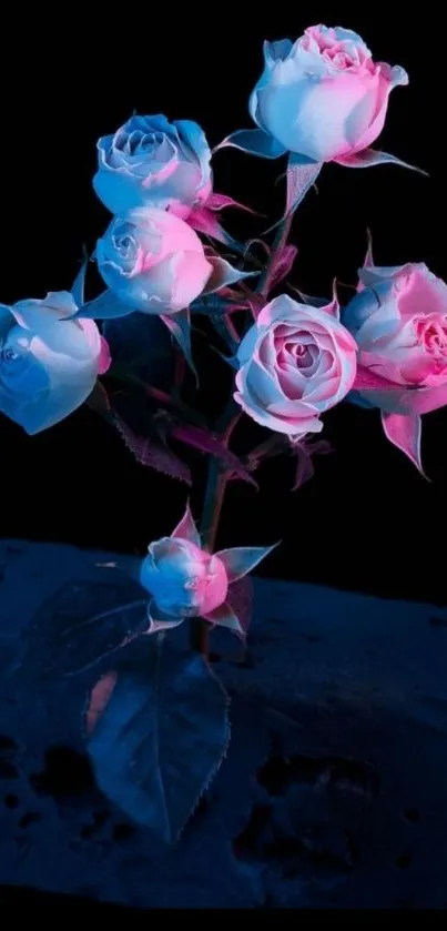 Neon-lit roses bouquet with dark background.