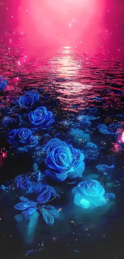 Neon blue roses in sunset reflection.