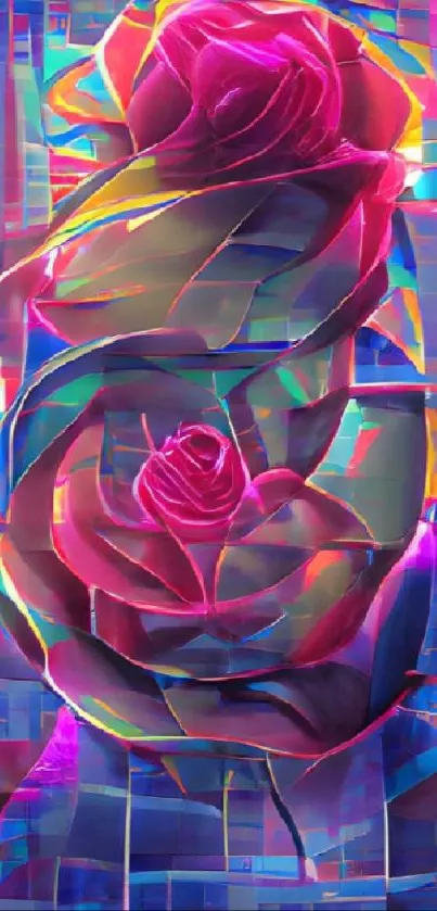 Vibrant neon roses digital art wallpaper in pink and blue hues