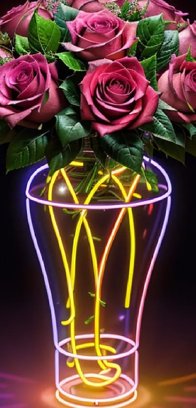 Vibrant neon roses in a glass vase with glowing neon colors.