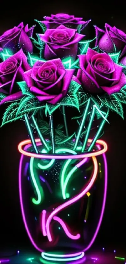 Neon roses in a glowing vase with vibrant colors on a dark background.