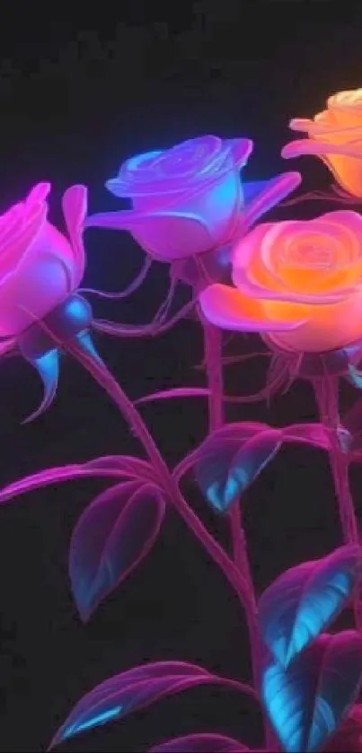 Vibrant, glowing neon roses with dark background.